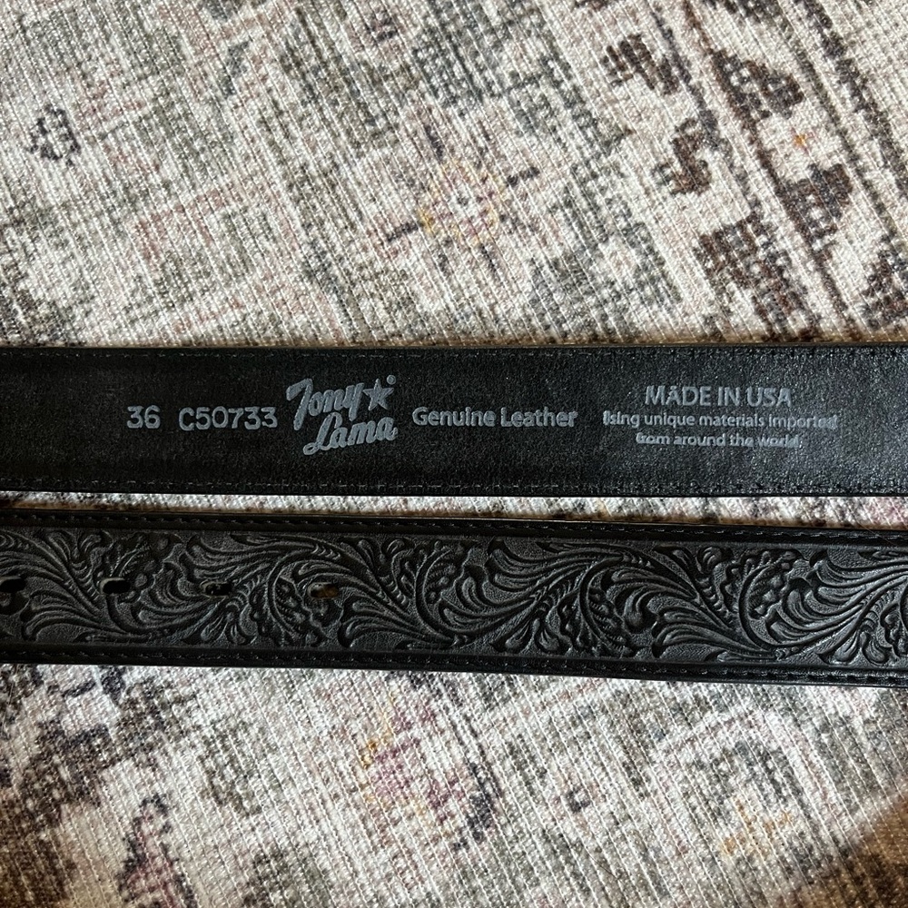 Tony Lama Black Leather Belt with Buckle - Picture 3 of 3